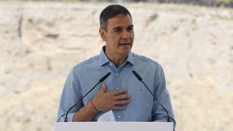 El presidente del Gobierno, Pedro S&aacute;nchez, durante su intervenci&oacute;n en la presentaci&oacute;n del Plan Estatal de Fertilizantes en San Mart&iacute;n de la Vega (Madrid).