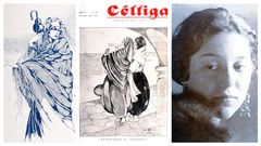 Debuxos Camino de Compostela (1928) e  Esperando el regreso (1927) realizados por Lolita Daz Balio (19051963) para a publicacin bonaerense Cltiga. Revista Gallega.  dereita, retrato fotogrfico da artista