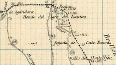 Un croquis de los l�mites municipales de Monforte y A Pobra do Broll�n realizado en 1944 por el Instituto Geogr�fico y Catastral se�ala ?en el punto rojo? la situaci�n de la aldea desaparecida de Lamas, que es mencionada simplemente como �Casa en ruinas�