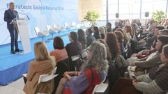 El presidente de la Xunta, Alfonso Rueda, durante su intervenci�n para en el acto de presentaci�n de la Estratexia Galicia Retorna 2023-2026, celebrado en el CIS de Ferrol.