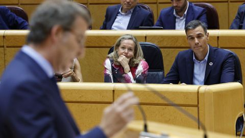 Pedro Snchez escucha el discurso de Alberto Nez Feijoo durante el debate en el Senado. 