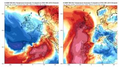 A la izquierda anomal�as negativas previstas para este mi�rcoles y a la derecha las positivas que se esperan el domingo