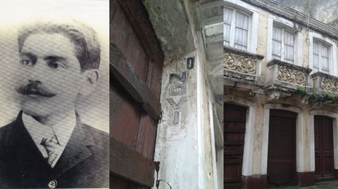 Mariano Novío, la puerta del estudio en donde se podía ver un cartel y el inmueble en el que se asentó para ejercer como fotógrafo en Betanzos