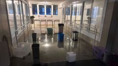 Hasta once cubos, el pasado viernes, para recoger agua en una zona del CEIP A Xunqueira 1 de Pontevedra