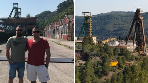 A la izquierda, Diego Zúñiga y Ricardo Guillén en la visita al pozo Sotón. En la imagen de la derecha, los castilletes del pozo Cabanasas en el que trabajan ambos