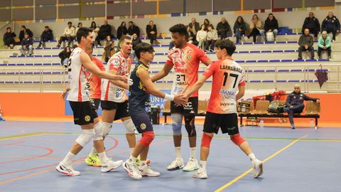 Los jugadores del Volei Dumbr�a celebran un punto