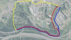 El proyecto de la Xunta recoge tres alternativas para Conxo. El tramo amarillo es el que defiende Raxoi, el rojo es el inicialmente planteado por la Xunta y el azul corresponde a su nueva propuesta