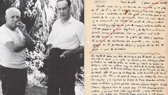 Retrato de Picasso y Cela en 1958; a la derecha, transcripci�n por el escritor de un poema en prosa, �Trozo de piel�, del pintor