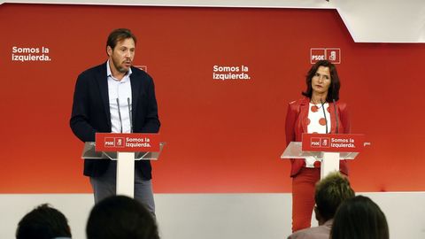 El portavoz del PSOE, Oscar Puente, junto a la secretaria de Educaci�n del PSOE, Mariluz Mart�nez Seijo