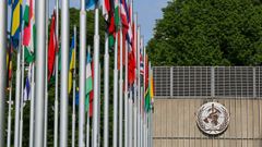 Banderas nacionales delante de la sede de la Organizaci�n Mundial de la Salud, en Ginebra (Suiza).