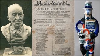 De esquerda a dereita, detalle do busto de Juan de la Coba realizado polo artista Ram�n Lafuente, exemplar da publicaci�n �El Gracioso� e figura que lle dedicou Sargadelos co seu tratado de trampit�n e o Pirand�rgallo.