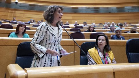 Mar�a Jes�s Montero, ministra de Hacienda, junto a Margarita Robles, ministra de Defensa, en una sesi�n de control en el Senado.