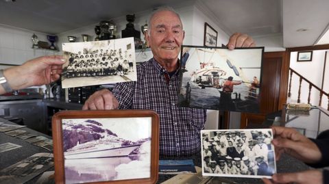 Mario Poceiro con cuatro fotos que resumen su vida: izquierda superior, de niño en Río de Janeiro; a su lado, con un buque oceanográfico; abajo izquierda, el barco de «Vacaciones en el Mar» y al lado, con tripulantes españoles del Canarias en Brasil