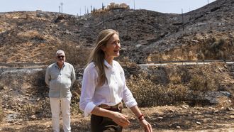 La vicepresidenta tercera del Gobierno y ministra para la Transici�n Ecol�gica y el Reto Demogr�fico, Sara Aagesen, durante su visita este martes a la zona afectada por el incendio de Los Gallardos.