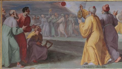 Dionisio Areopagita observando el eclipse de la crucifixi�n, fresco del siglo XVI en la Real Biblioteca del Monasterio de San Lorenzo de El Escorial, obra de Pellegrino Tibaldi.  