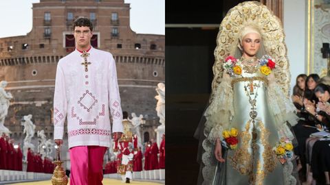A la izquierda, uno de los diseos del desfile de Dolce and Gabbana de este verano en Roma; a la derecha, el diseo con el que Christian Lacroix sorprendi en su desfile de alta costura del 2009