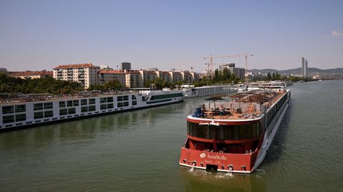 Un crucero navega por el r&iacute;o Danubio a la altura de una zona residencial de Viena.