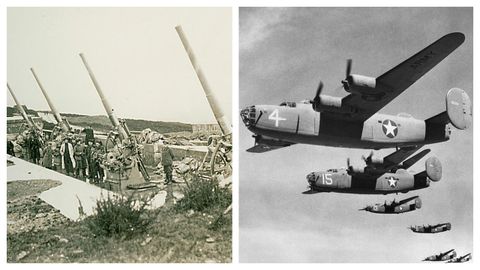 Las baterías de Campelo (Montefaro), en Valdoviño a la izquierda; ejemplo de los aviones Liberator que volaron sobre Ferrol a la derecha