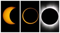 A la izquierda�el aspecto de un eclipse parcial, en el centro c�mo se observa uno anular y a la derecha c�mo se ver� el pr�ximo d�a 12
