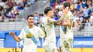 Los jugadores del Dpor celebran el gol de Yeremay frente al Eibar
