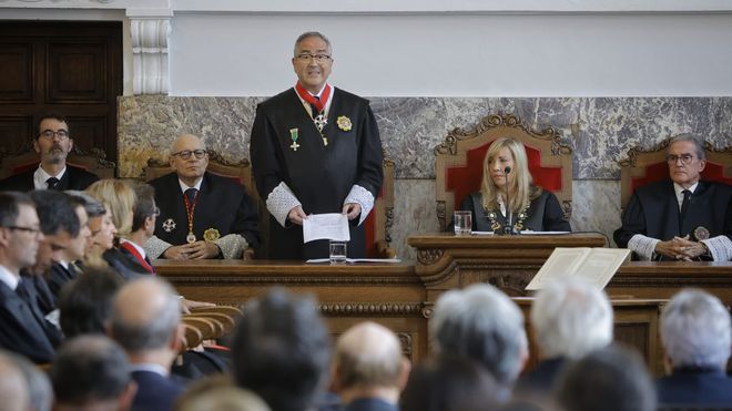El presidente del Tribunal Superior de Xustiza de Galicia, Ignacio Picatoste; junto al fiscal superior de Galicia, Fernando Suances; la presidenta del Tribunal Superior y el CGPJ, Isabel Perelló, y el magistrado José María Gómez y Díaz-Castroverde