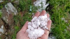 El propietario de una de las vi�as afectadas muestra el tama�o del granizo que descarg�