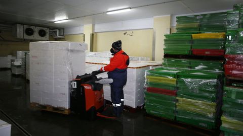 Las c�maras frigor�ficas de la lonja de Celeiro, en imagen, han llegado al l�mite de su capacidad tras tres noches sin subasta, y el pescado de los dos barcos que llegaron en las �ltimas horas contin�a a bordo