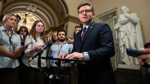 El presidente de la C�mara de Representantes, Mike Johnson, en una rueda de prensa previa al pleno de este jueves.