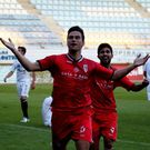 Cat�, celebrando el gol que anot� ante la Cultural Leonesa.