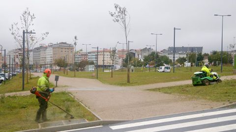 Efectivos del servicio municipal de jardines realizando por primera vez el mantenimiento del bulevar, la pasada semana.
