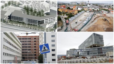 Algunas de las obras que se llevarán parte de los presupuestos. De izquierda a derecha y de arriba a abajo: un nuevo instituto de secundaria en Vigo, el Novo Chuac (A Coruña), la ampliación del hospital Montecelo (Pontevedra) y el nuevo edificio hospitalario de Ourense.