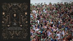 A la izquierda, el cartel de la 28 edici�n de la Fiesta de la Sidra Natural de Gij�n, sobre una imagen de arhivo de la prueba de escanciado simult�neo