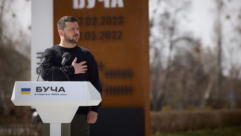 El presidente de Ucrania, Volodmir Zelenski, en el segundo aniversario de Bucha.