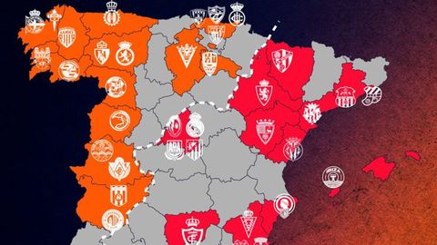Mapa de Primera Federaci&oacute;n, los de color naranja son los del grupo primero