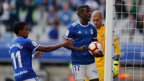 Gol Ibrahima Barcenas Real Oviedo Osasuna Carlos Tartiere.Ibrahima y Brcenas celebran el 1-1 ante Osasuna