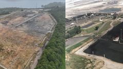 A la izquierda, el parque de carbones de Saa casi preparado para acoger la fbrica de Ence; a la derecha, cuando estaba operativo. endesa