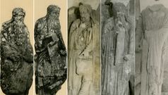 De izquierda a derecha, Jerem�as y Ezequiel, hoy en el pazo de Meir�s; El�as y Enoc, en el Museo de Pontevedra; y Santiago, en el pazo de Pontemaceira