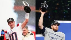 Drake Maye, de los Patriots, y Sam Darnold, de los Seahawks, levantan los trofeos que los acreditan como campeones de la AFC y de la NFC, respectivamente.
