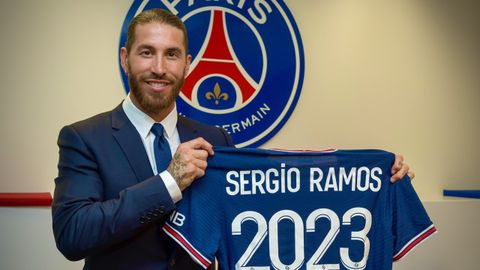 Sergio Ramos, durante su presentaci�n con el PSG
