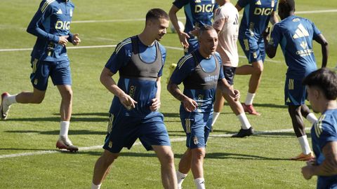 El capit�n del Real Oviedo Santi Cazorla (c) conversa con su compa�ero de equipo Leander Dendoncker en El Requex�n