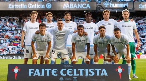 Alineaci�n del Celta ante el Osasuna, con camisetas de agradecimiento y apoyo a Mat�as Vecino, reci�n desvinculado tras lesionarse.
