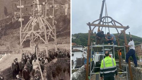 La procesi�n del Carme, en 1897, y, a la derecha, obres d'instalaci�n de la farola
