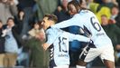 Bryan Zaragoza celebra junto a Ilaix Moriba el gol que abri el marcador ante el Bolonia en Balados pero que no sirvi al Celta para puntuar.
