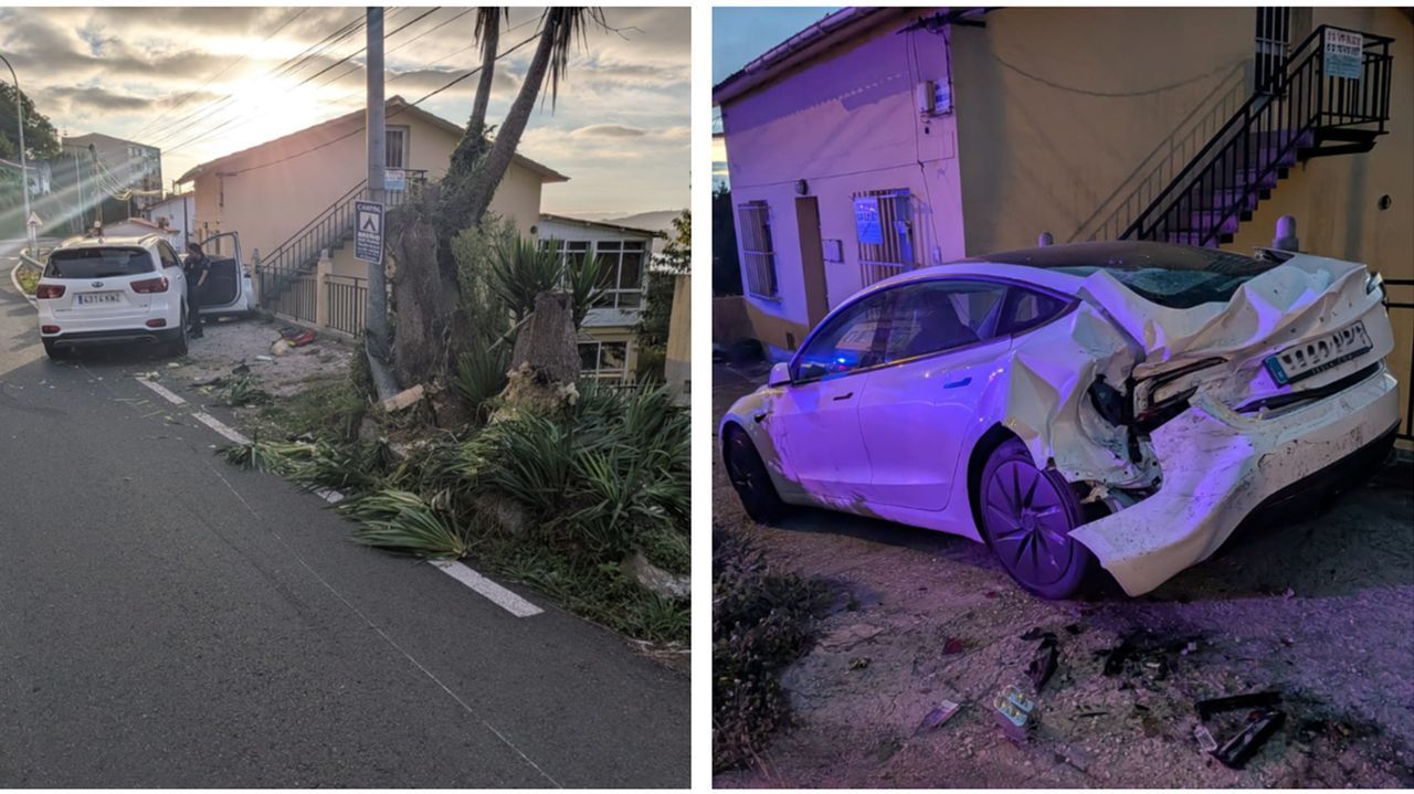 Da positivo en alcohol el conductor de un coche que impactó contra un tronco y una farola y destrozó un vehículo aparcado, en Pontedeume