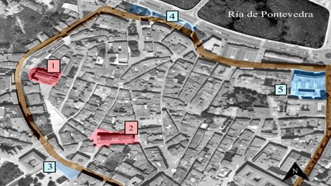 El mapa indica los lugares de la ciudad de Pontevedra donde se obtuvieron las piezas dentales de 34 esqueletos de los siglos XIII a XVIII: Santa María (n1), San Bartolomeu (n2), Praza de España (n3), Ponte do Burgo (n4), Ampliación do Museo de Pontevedra (n5)