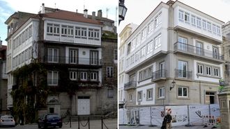 A la izquierda, aspecto del edificio de la plaza de O Parrote en el 2018. a la derecha, su estado actual en el 2025, todava en fase de rehabilitacin