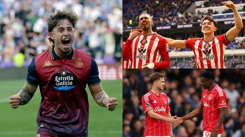 Mario Soriano, en grande, durante el ascenso del D�por en Valladolid; Isidor y O'Nien (derecha-arriba), del Sunderland; McAtee y Awoniyi (derecha-abajo), del Forest.