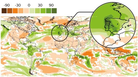 En el mapa mundial de anomal�as de precipitaci�n, Galicia aparece en el verde m�s oscuro, lo que indica uno de los mayores excesos de lluvia respecto a la media climatol�gica a escala global