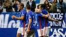 Real Oviedo Numancia Carlos Tartiere Linares Horizontal.Los futbolistas del Real Oviedo celebran el gol de Linares ante el Numancia