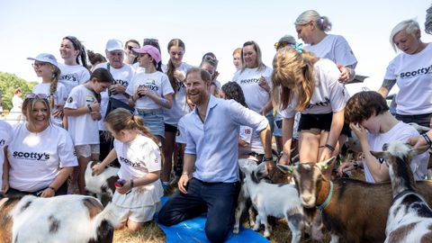 El pr�ncipe Harry con varias cabras tras practicar yoga